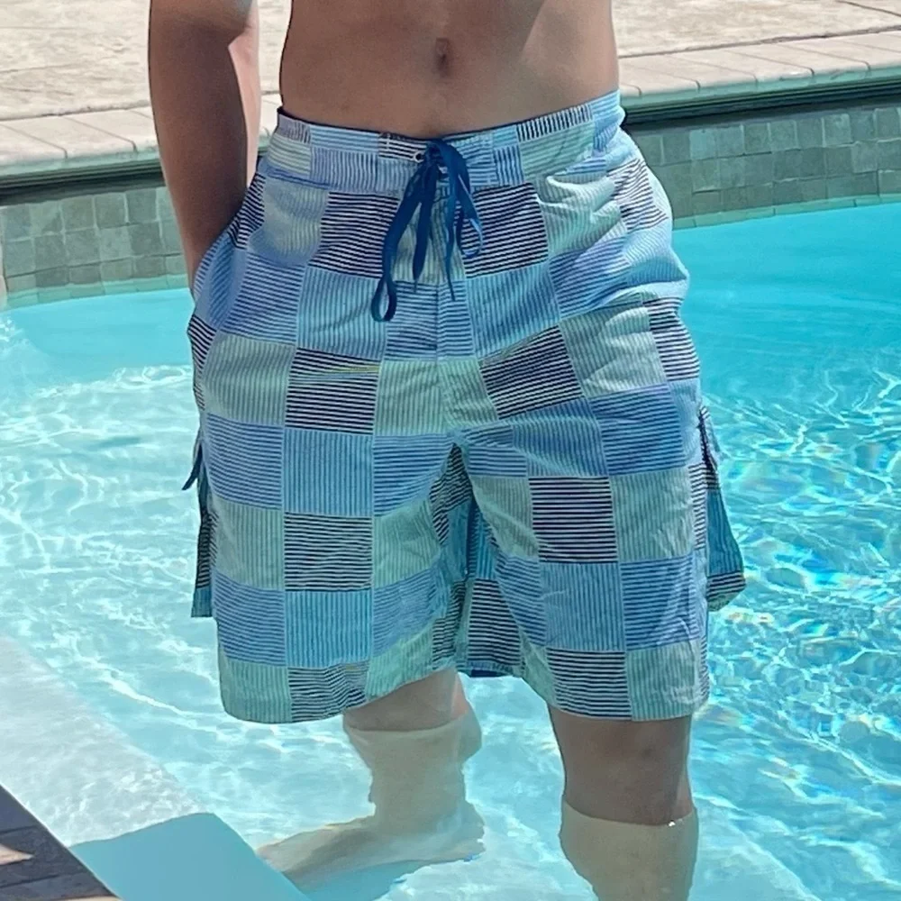 NWT Club Room M & XL Aquamarine Plaid Striped Swim Trunks MT0